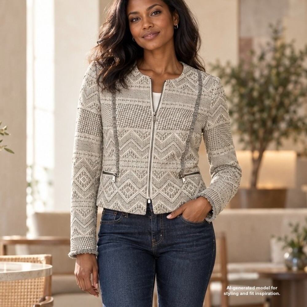 Zara Trafaluc Geometric Jacquard Blazer Boho Knit Jacket Gray Cream Zip Size M